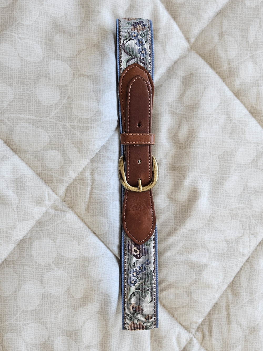 Tapestry & Leather Belt – Size S with Brown Leather and Gold Buckle
